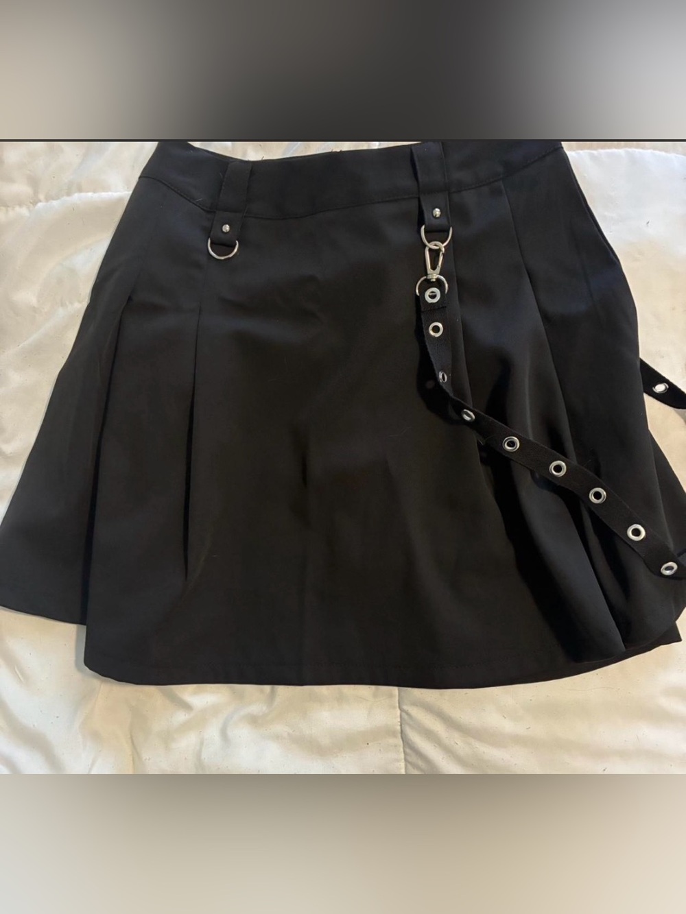 NWOT Black Pleated Mini Skirt with Decorative Grommet Strap